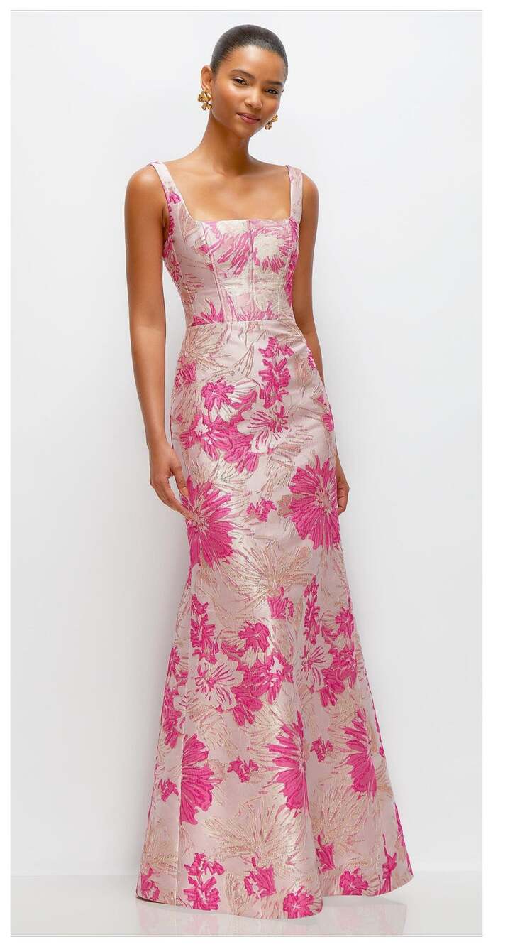 new Dessy Collection Hibiscus Floral Jacquard Square Neck Trumpet Gown Size 2